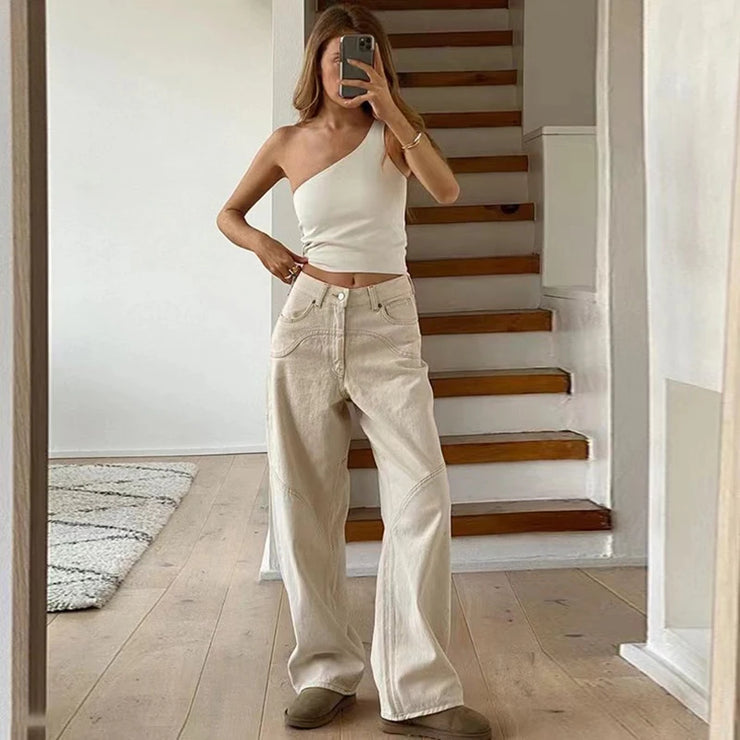 Vintage hvide baggy boyfriend-jeans med splejsning